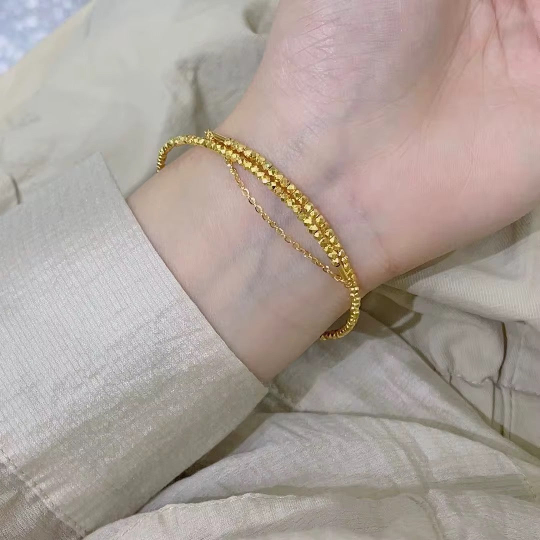 18K Gold Textured Adjustable Bangle with Safety Chain – Delicate & Elegant