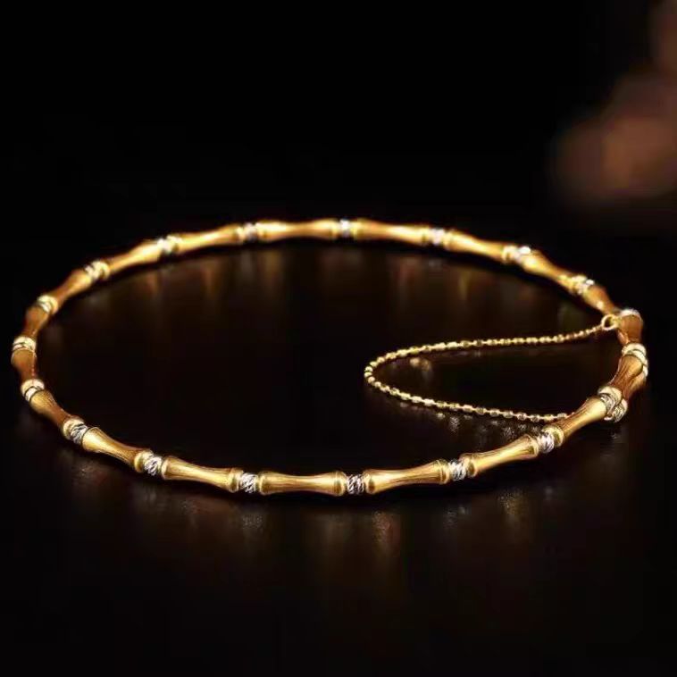 18K Gold Bamboo-Style Adjustable Bangle with White Gold Shimmer Accents